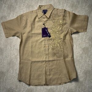 100% pure linen Men's Casual Beige Embroidered Shirt